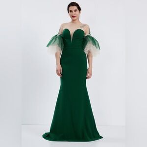 Short Sleeve Maxi Tulle Mermaid Regular Green Prom Dress